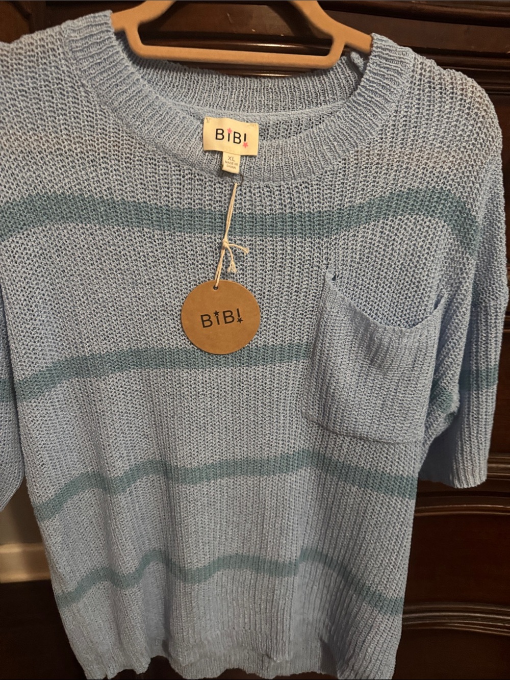 BiBi Light Blue Striped Crewneck Sweater with Pocket